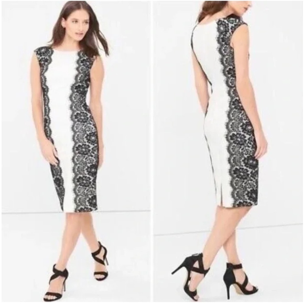 WHBM EUC Classic Flattering White & Black Sleeveless Sheath Dress - Lace Sides